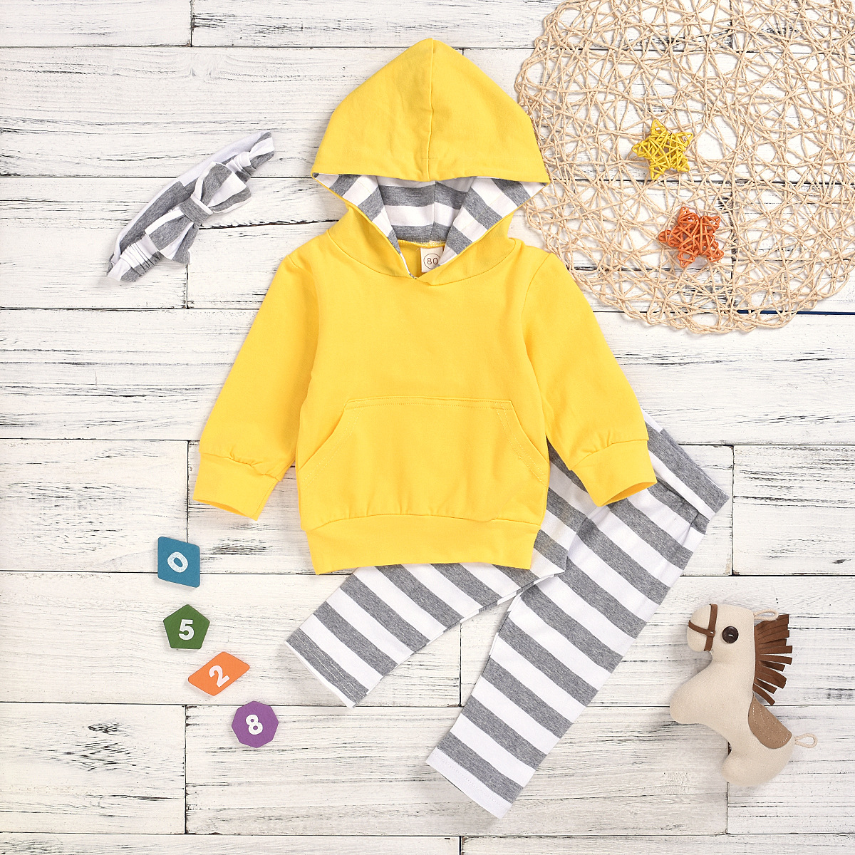 Children's Suit Hooded Sweater Striped Trousers Headband Set display picture 2