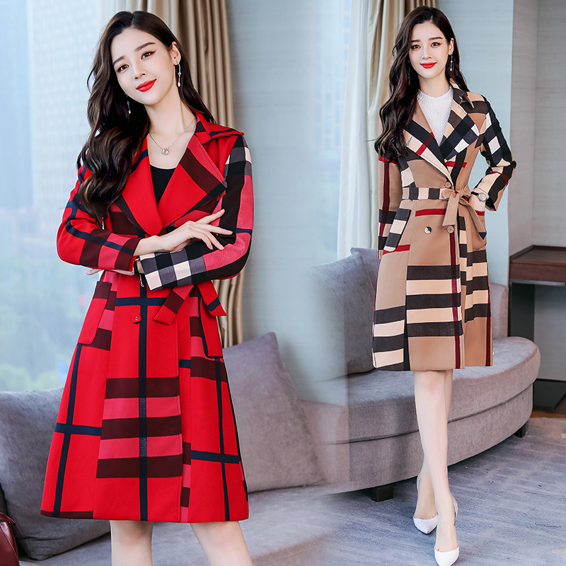 新款风衣女中长款2020秋季系带时尚纯色韩版修身Polo领女装外套|ms