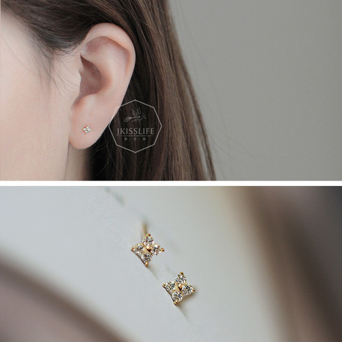 S925 sterling silver stud earrings 14K gold mini stud earrings flower set with diamonds versatile four-leaf flower zircon ear bone stud earrings