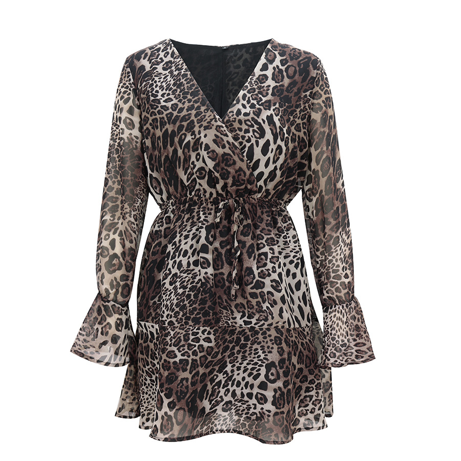  fashion V Ling waist long sleeve leopard print dress NSAL2863