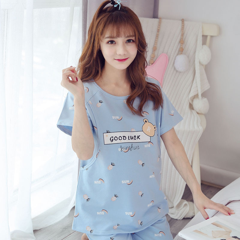 Spring and summer Short sleeved Thin section Month of service postpartum Maternal pregnant woman pajamas summer go out nurse lactation suit