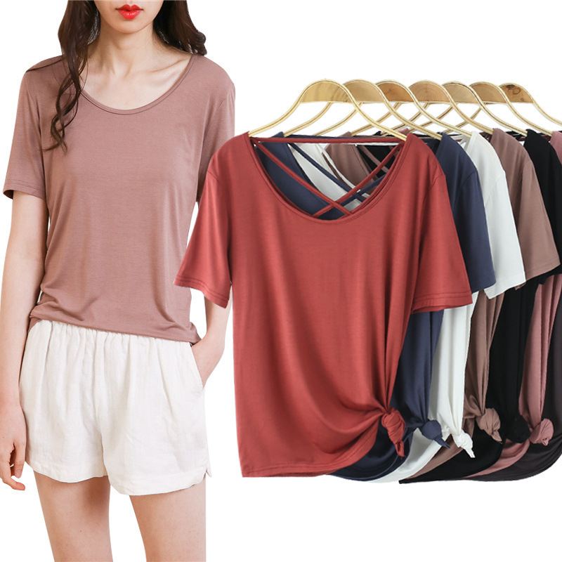 Spring and Summer New Modal Short-sleeved T-shirt Women's Backless Round Neck Shirt Loose Korean-style Thin Base Shirt Top