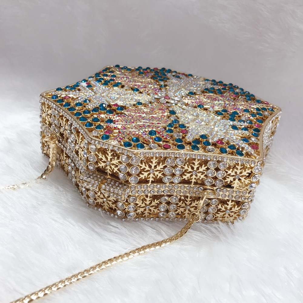 Túi clutch nữ đính pha lê kim cương bông tuyết, thiết kế hợp kim rỗng, làm bằng tay — Màu tím, Màu xanh lam, Ảnh tùy chỉnh được Cá nhân hóa, Màu đỏ hoa hồng chi tiết 18