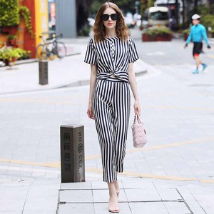 Summer New Stripe Round Neck Top + Nine-cent Trousers Fashion Suit