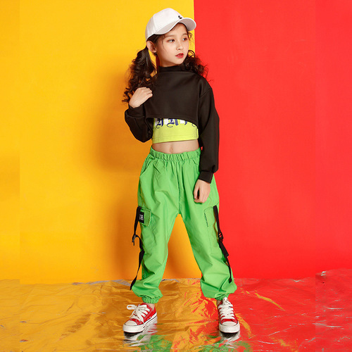 Green Cargo pants hiphop costumes for girls Jazz dance hip-hop clothing children girls hip-hop 3pieces in one set performance costumes girl children