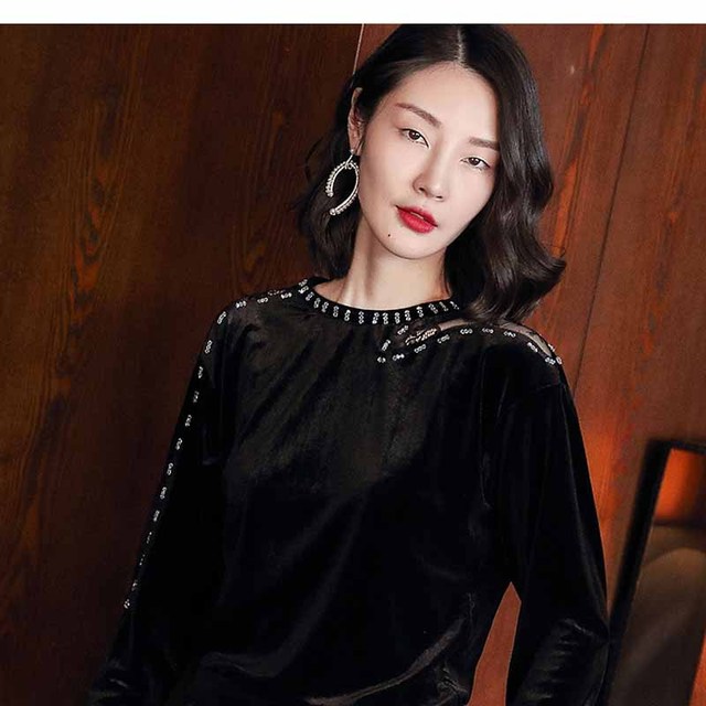 New Spring Dress Golden Velvet Spliced Lace Fashion Blouse