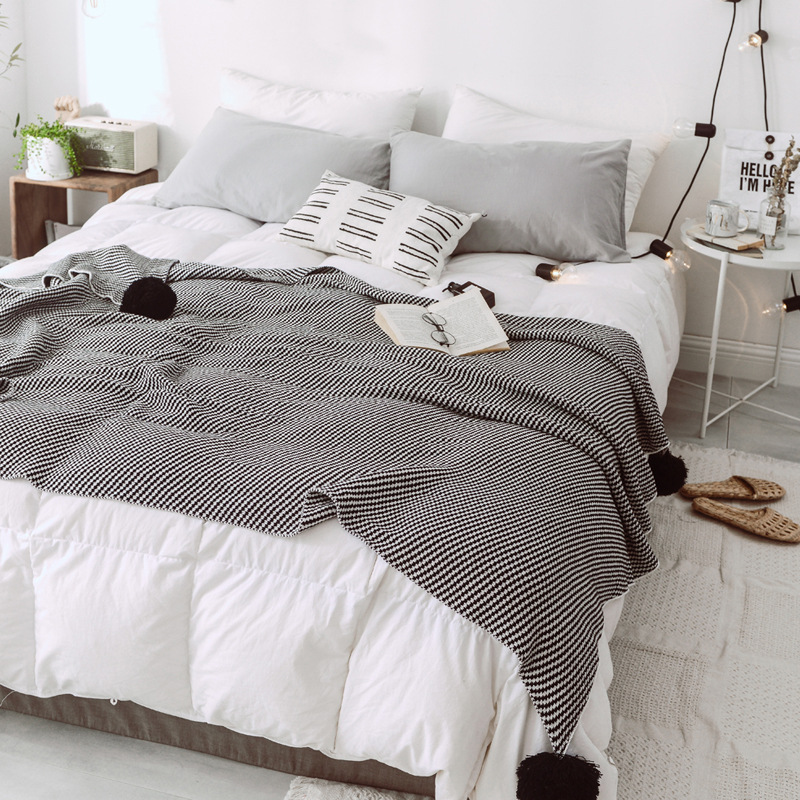 Lehká luxusní severská jednoduchá celobavlněná černá keprová deka do hotelové ložnice, vlněná deka, povlečení_voghion.com