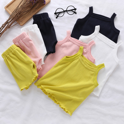 2019韓版夏季新款女童純色柔軟舒適無袖背心短褲套裝純棉糖果色
