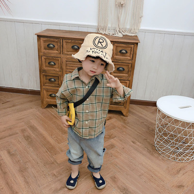 2020春装新品韩版儿童纯棉长袖衬衫男女童格子翻领上衣宝宝衬衣潮