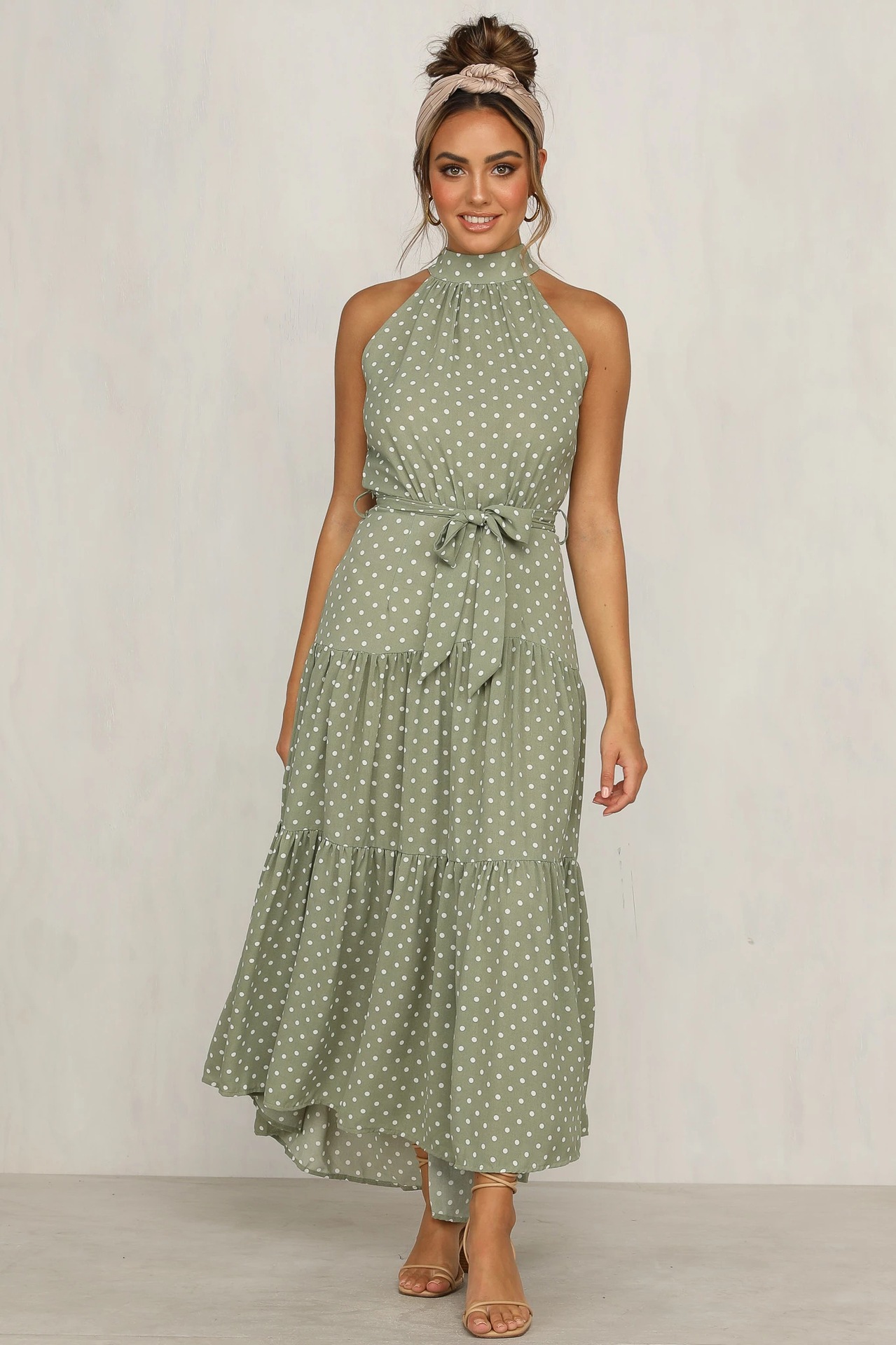 summer new women s polka dot round neck mid-waist sleeveless ruffled flounce dress NSYD3859