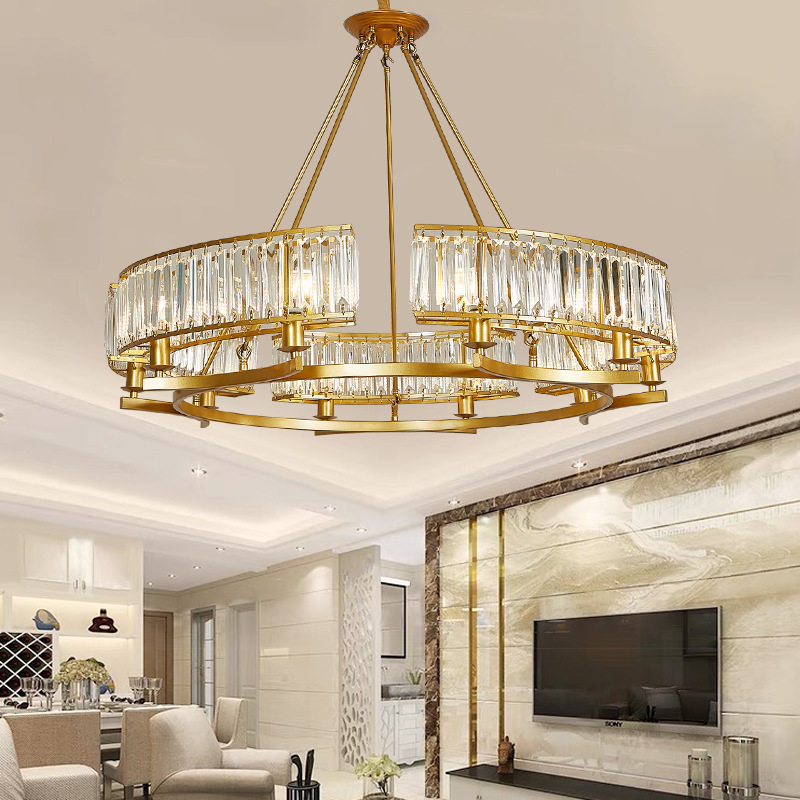 美式简约圆形水晶吊灯 欧式LED客厅餐厅灯复古铜色铁艺现代灯具