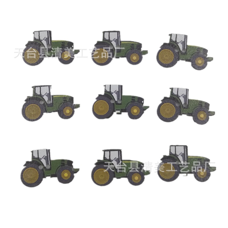 Tractor de dibujos animados pintado sobre fondo blanco, vehículo, botón de tractor de dibujos animados de madera, 50 piezas por paquete