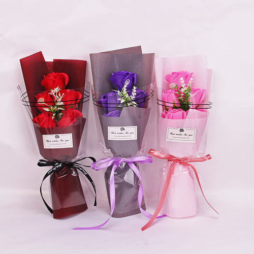 跨境仿真玫瑰香皂花情人节礼物玫瑰花束5朵母亲节小花束礼物