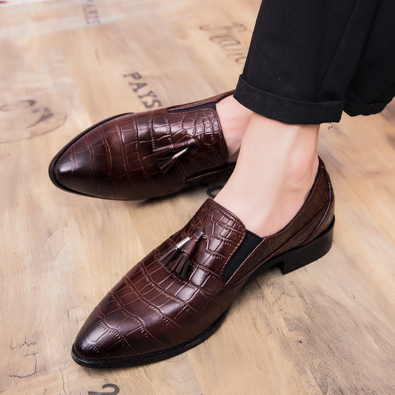 Black Leather Crocodile Pattern Tassel Loafers For Men Formal_voghion.com