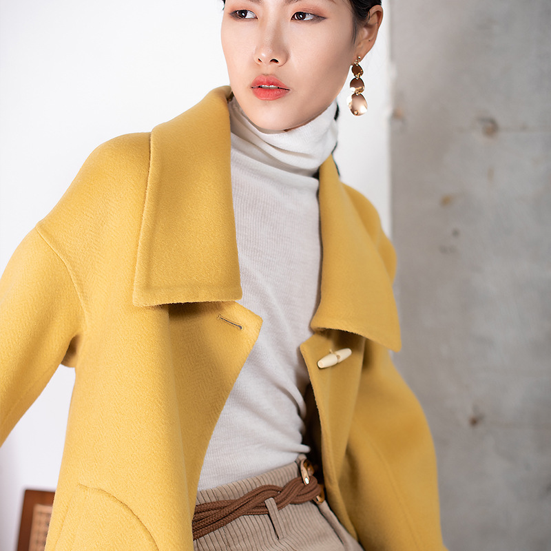 2019秋冬新款欧版高端双面羊毛大衣女 中长款暗扣大翻领毛呢外套