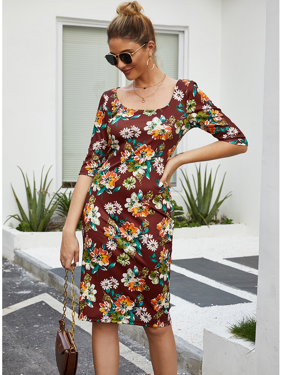 Round Neck Printed Bouquet Waist Slim Dress NSAL14189