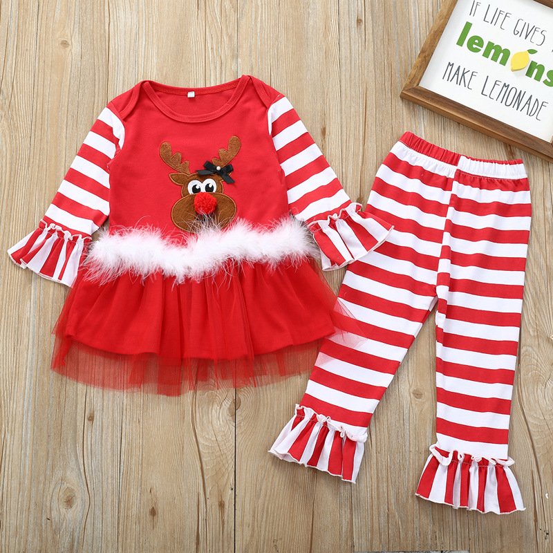 Christmas Fashion Stripe Elk Cotton Girls Clothing Sets display picture 2