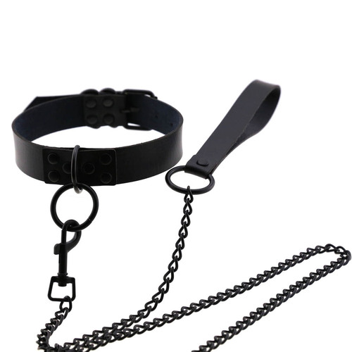 Women's men's sexy dark alternative personality leather collar necklace traction rope black nail O-shaped collar traction belt