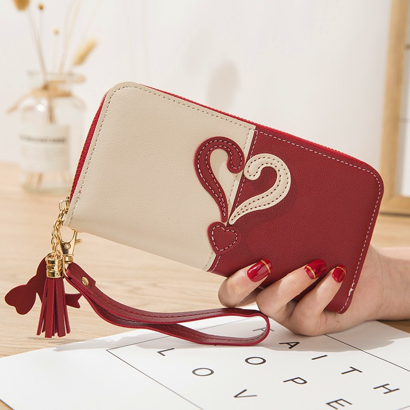 New Wallet Long Women's Zipper Wallet Female Student Korean Splicing Contrast Tassel Versatile Mobile Phone Bag