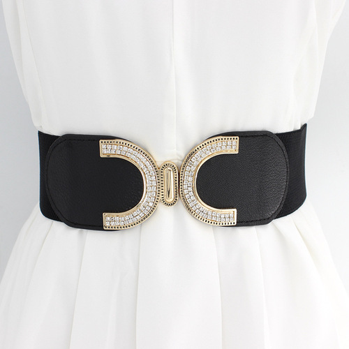 Women's rhinestone inlaid elastic elastic waistband sweet double C buckle dress slim waist wide belt one piece drop shipping