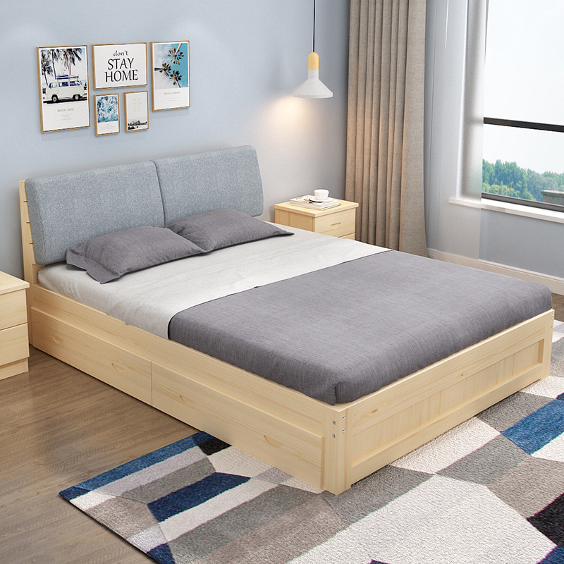 厂家直销实木床1.8米出租屋双人床1.5学生靠背软包实木儿童床包邮