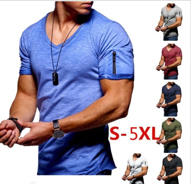 Men's T-shirt foreign trade 2019 new large men's V-neck elastic solid color short sleeve large bottoming shirt factory direct sales