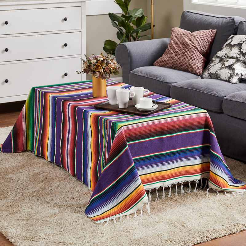 墨西哥风格毯子墨西哥派对桌布桌旗梭织台布流苏毛毯沙滩毯沙滩垫