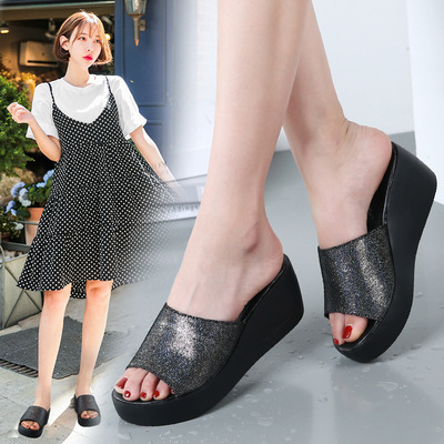 厚底拖鞋女夏防水台松糕底外穿时尚欧美2018新款水钻坡跟一字凉拖|ru