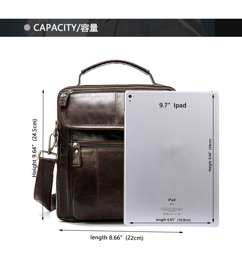 Túi đeo chéo nam da bò thật , túi đeo vai tiện dụng đựng iPad 10 inch — Cà phê, Cà phê đậm, Màu đen chi tiết 42