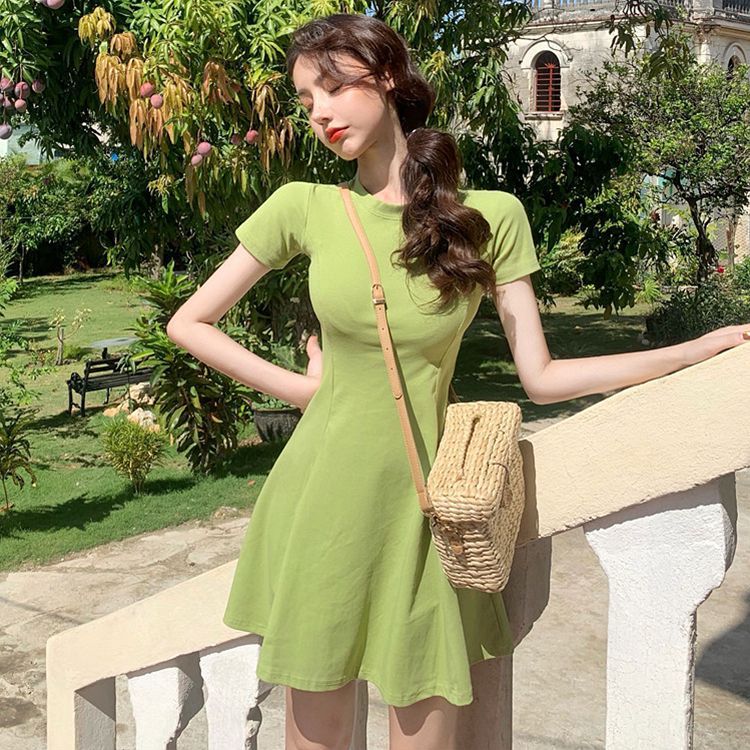 好面料3个入修身显胸A字短裙2021夏季百搭短袖打底连衣裙 实拍