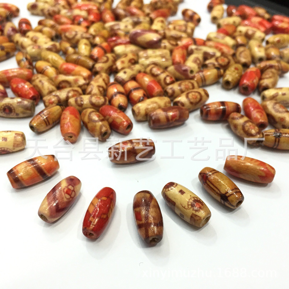 diy串珠木质长珠子15*7mm木珠散珠混色 包花印花珠子饰品配件批发
