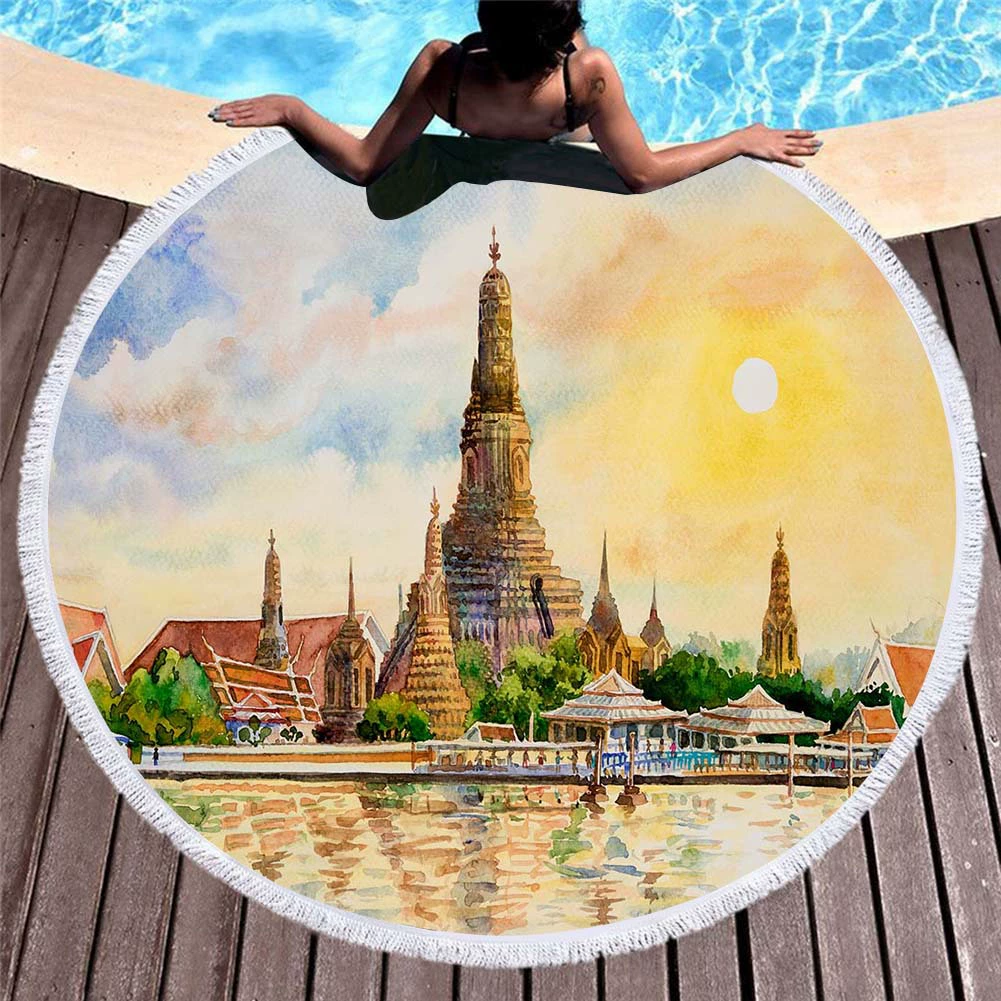 Вышивка Европейская и американская 3D цифровая печать известное здание пляжное полотенце из микрофибры круглый кисточкой пляжный коврик