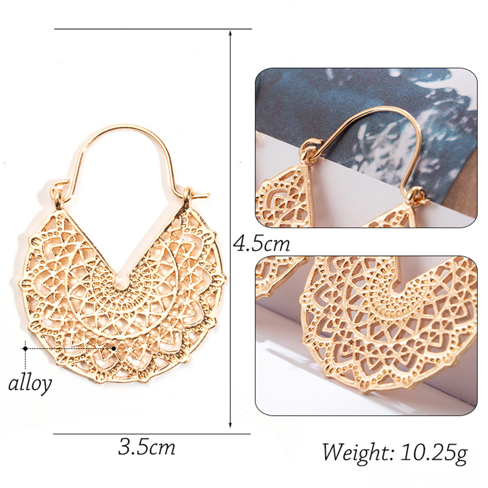 Retro Alloy Hollow Semicircular Carved Earrings Wholesale display picture 1