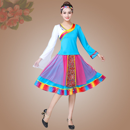 2019 Square Dance Costume New Middle-Aged Spring and Summer Performance Suit Milky Silk Ethnic Dance Large Swing Skirt Short Skirt
