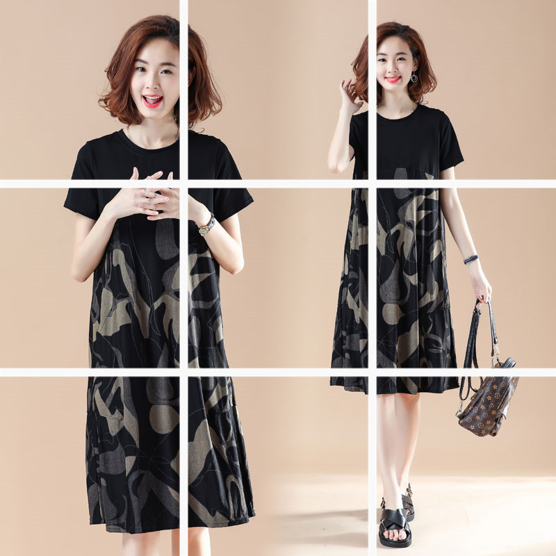 厂家批发 大码女装夏季宽松胖MM中长款印花迷彩拼接短袖连衣裙女