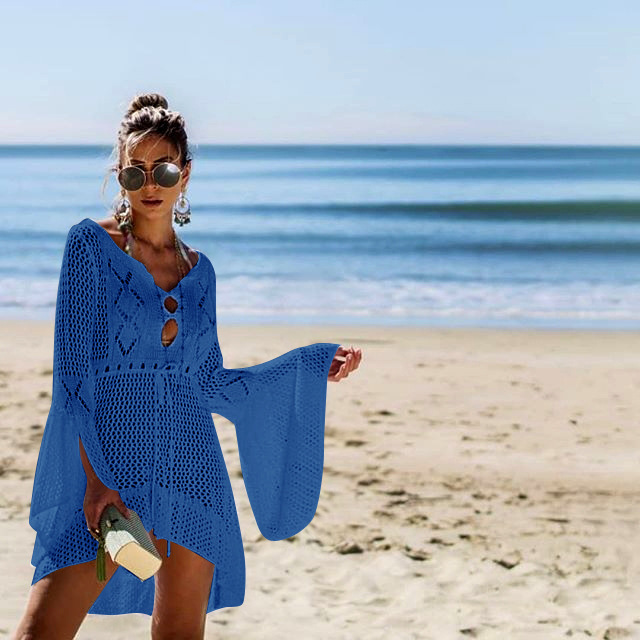 Cutout Knit Flared-Sleeve Beach Blouse Dress NSSX73225