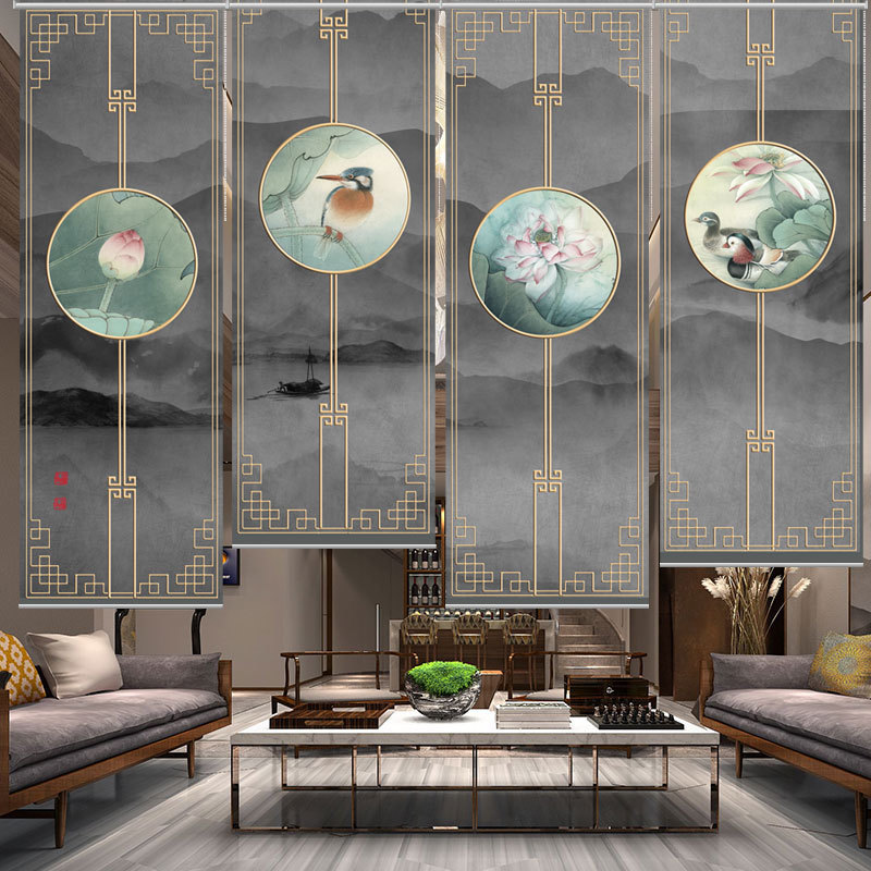 。新中式窗帘卷帘玄关隔断屏风办公室风半透明水帘挂帘拉帘定制帘