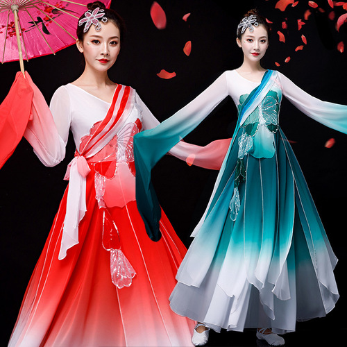Women chinese folk classical Water sleeve dance dress red blue hanfu fairy princess dance dress ancient chinese traditional fan umbrella stage performance dresses