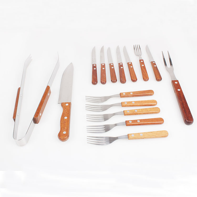 Barbacoas de acero inoxidable profesional hornear conjunto 15-pieza hogar portátil caja de color traje al aire libre mango de madera barbacoa herramienta Accesorios
