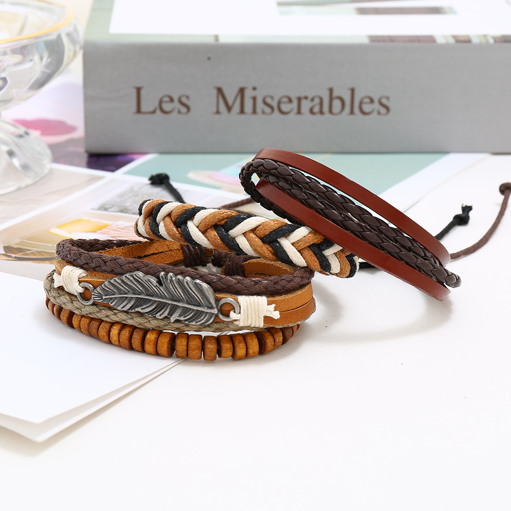 New Retro Woven Leather Bracelet Simple Diy Multiple Combination Three-piece Leather Bracelet display picture 2