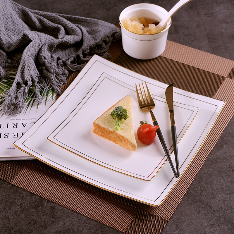 Handmade Gold-inlaid Bone China European Style Western Plate Spaghetti Plate Creative Square Ceramic Steak Plate Set
