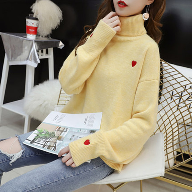 Knitted sweater autumn and winter new collection, heart embroidered high neck sweater, women's lazy design, loose fit, outerwear, pullover, couple's outfit