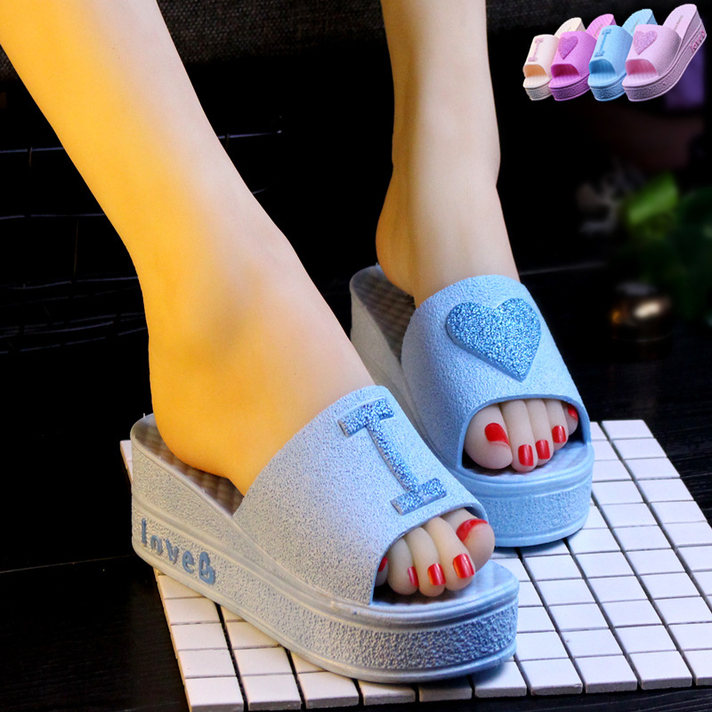 Slippers for women, high heels, thick soles, fashionable outerwear, Korean version, cute indoor home, bathroom, sandals, slippers, beach sloping heels