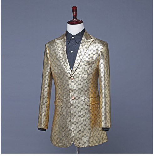 men's jazz dance suit blazers Men long clothes Pu champagne suit set singer stage piano performance nightclub bar DJ performance suit