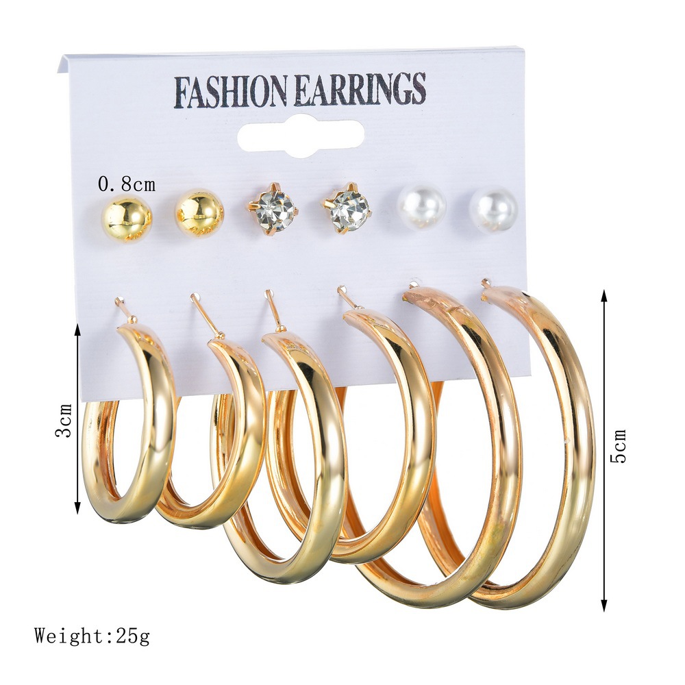 New Fashion Rhinestone Pearl Large Hoop Earrings 6 Piece Set Fashion Exaggerated Earrings Set Wholesale display picture 1