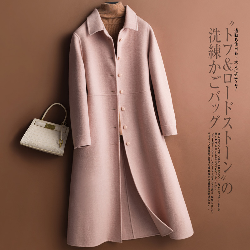 秋冬韓版新款手工娃娃領雙面羊毛呢大衣女中長款修身呢子外套百搭
