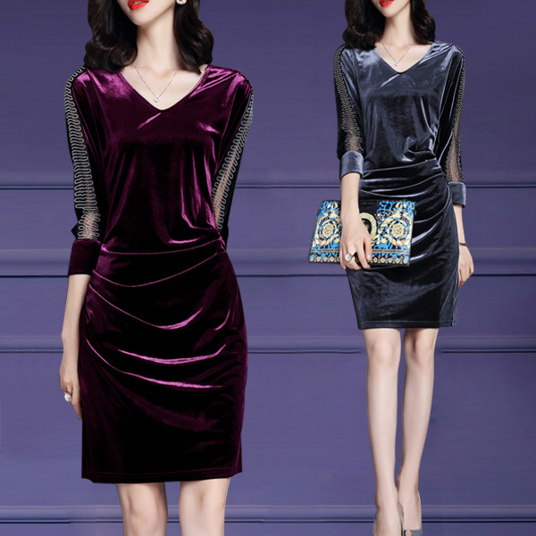 跨境外贸女装秋季新款复古丝绒拼接V领中长款收腰包臀打底连衣裙