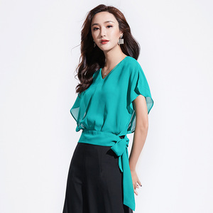 Summer New Pullover Short Sleeve V-necktie Slim Top Chiffon shirt