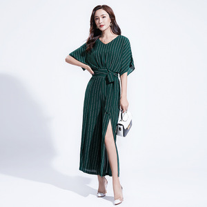 New Fashion Temperament V-tie Two-piece Broad-legged Trousers Suit