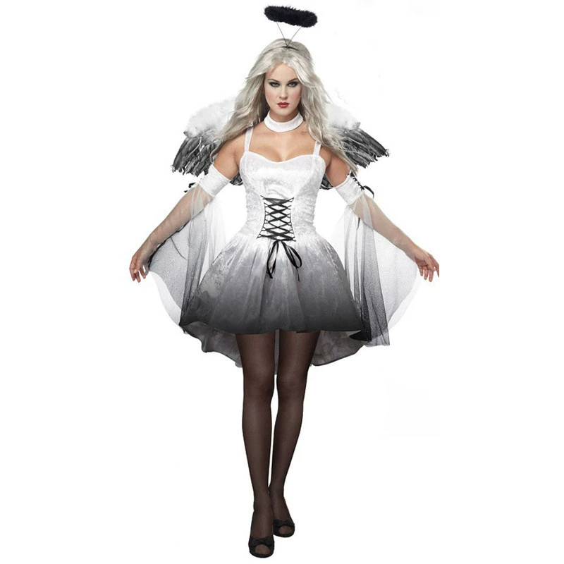 Dark Angel Halloween Costume (Women), Mesh & Milk Fabric Dress with Wings and Headpiece